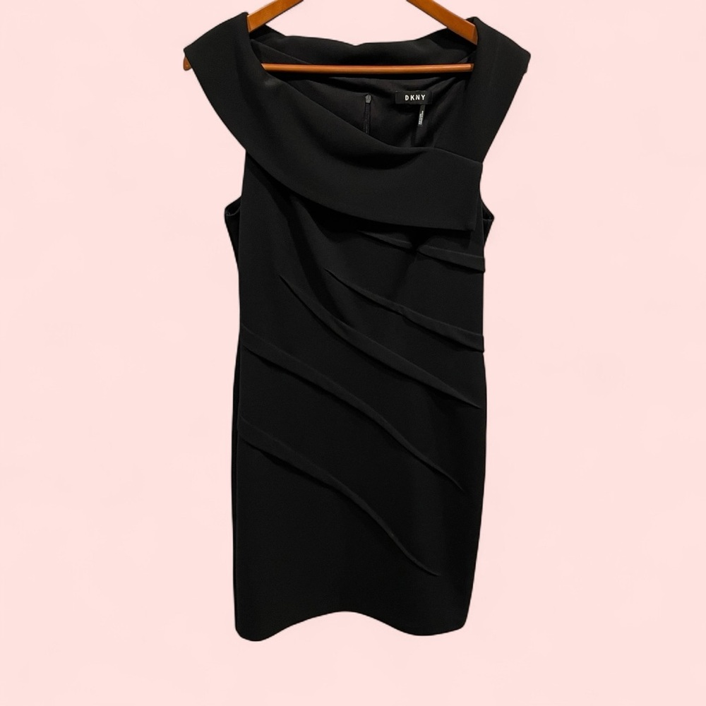 DKNY lbd black asymmetrical neck sheath midi dress rounded ruffle collar